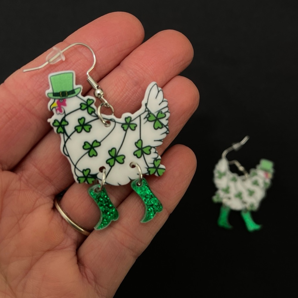 St. Patrick’s Day Luck of the Irish Boot Wearing Hen Dangle Earrings
